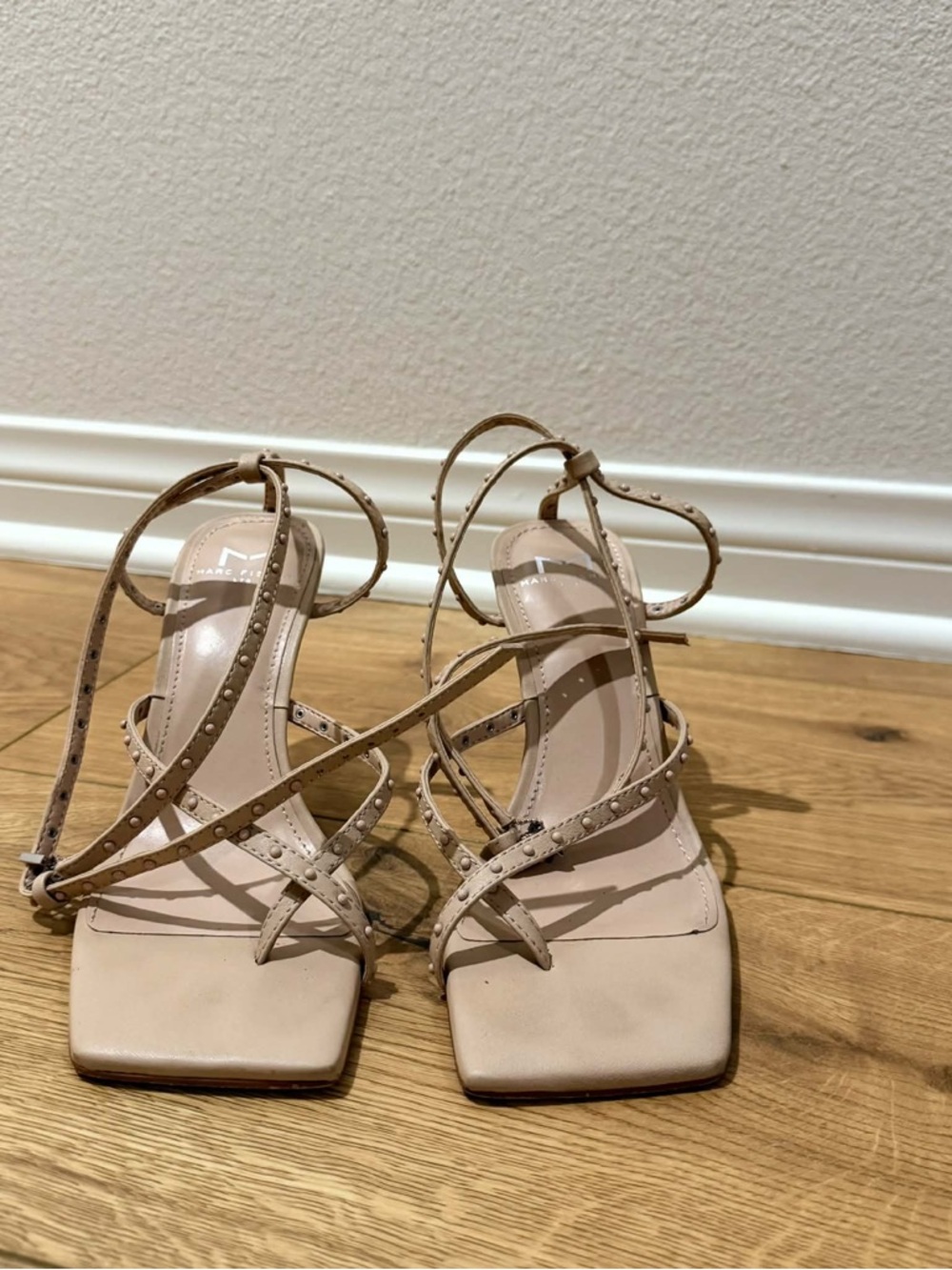 Marc Fisher Beige Studded Lace-Up Heeled Sandals